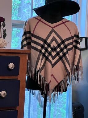 Burberry Beige Plaid Fringe Poncho with Black and Burgundy Accents